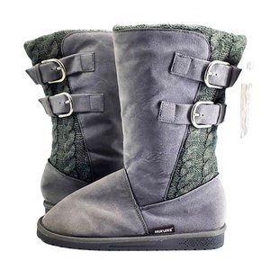 MUK LUKS Jean Boots NWT Dual Buckle Gray Faux Suede Cable Knit Panel Pull-On 9